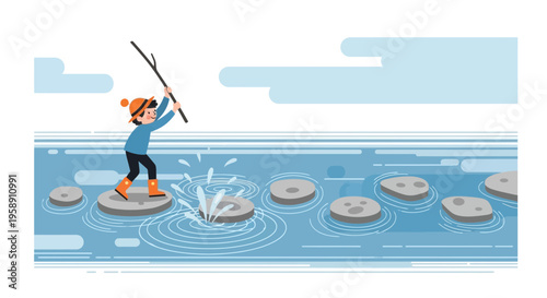Child's Joyful Adventure Crossing Stepping Stones