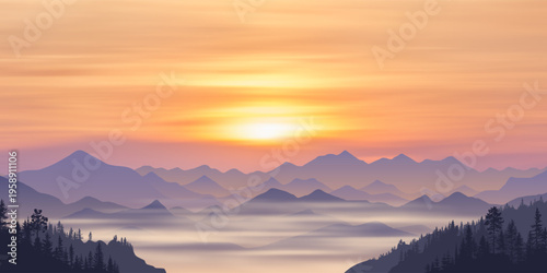 Sunset in the mountains, ridges in the evening light and fog, minimalistic landscape, vector illustration