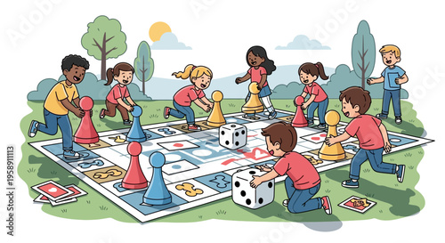 Children Enjoying A Vibrant Board Game Outdoors On A Sunny Day