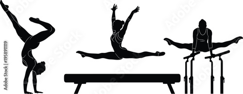 Set of professional female gymnasts silhouettes performing on balance beam and parallel bars isolated on white background for