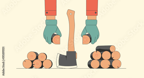 Chopping Wood With Axe And Stacks Of Logs For Fuel