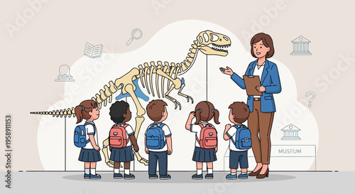 Children Explore Dinosaur Skeleton Exhibit With Museum Guide