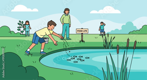 Children Feeding Fish In A Peaceful Pond Environment Educational Outdoor Activity