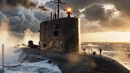 Military submarine  appeared on ocean water surface under cloudy dark sky