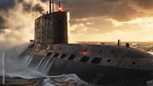 Military submarine  appeared on water surface at dramatic sunset