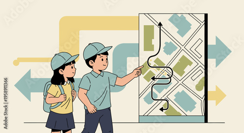 Children Learning Navigation Using City Map And Arrows For Directional Guidance