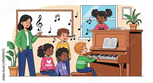 Children Learning Piano In Music Class With Teacher