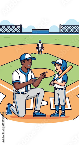 Coach Teaches Young Player The Fundamentals Of Baseball On Field