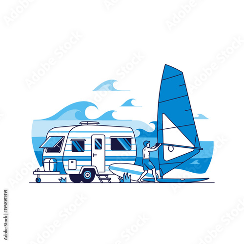 Coastal Adventure Camper Van with Windsurf Gear and Person Enjoying the Beach