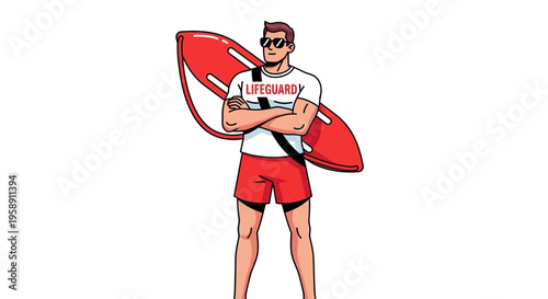 Confident Lifeguard Standing Ready with Rescue Buoy On His Shoulder
