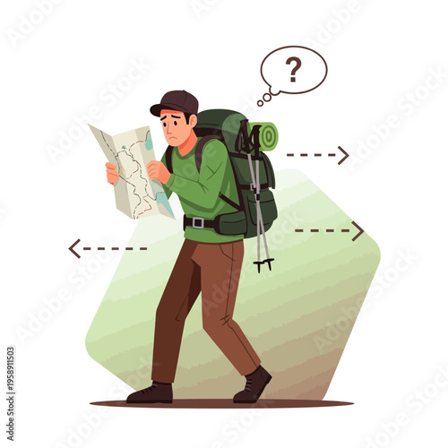 Confused Hiker Lost With Map And Backpack Exploring Wilderness Trails