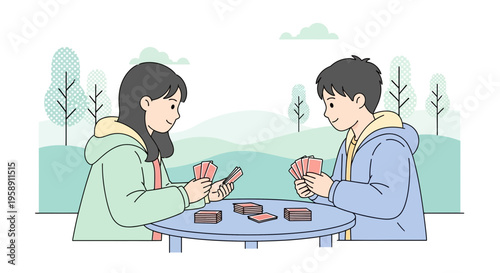 Children Playing Cards Outdoors On A Sunny Day