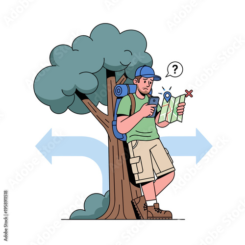 Confused Hiker Navigates With Map and Phone At Crossroads