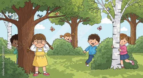 Children Playing Hide And Seek In A Lush Outdoor Forest Setting Full Of Greenery