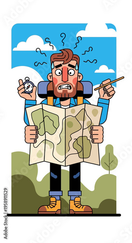 Confused Hiker Lost With Map And Compass Facing Outdoor Adventure Dilemma