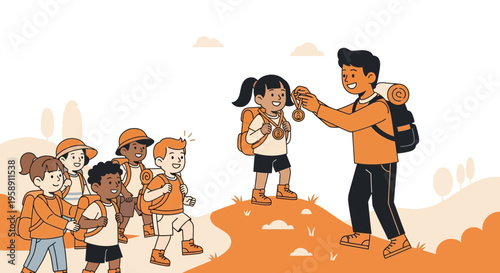 Children Rewarded With Medals After Successful Outdoor Adventure Journey