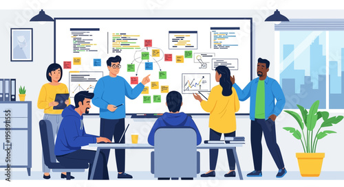 Collaborative Team Brainstorming Session On A Large Whiteboard