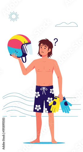 Confused Person Holding Helmet and Gloves Beach Vacation Dilemma