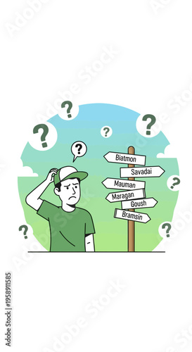 Confused Person Pondering Multiple Directional Sign Options To Make A Choice