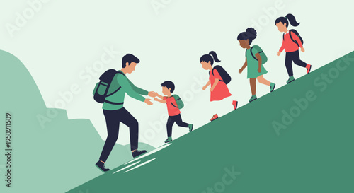 Children With Backpacks Ascending A Green Hill With Adult Assistance