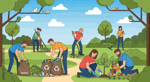 Community Park Cleanup And Tree Planting Effort Under Sunny Skies