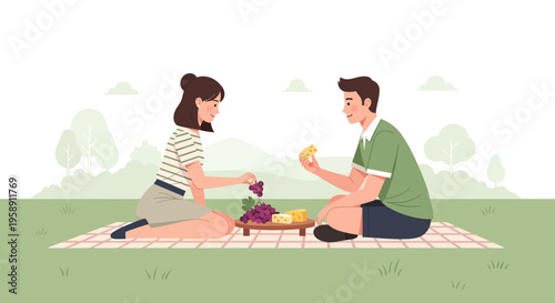 Couple Enjoying A Delightful Outdoor Picnic Together In A Serene Green Landscape