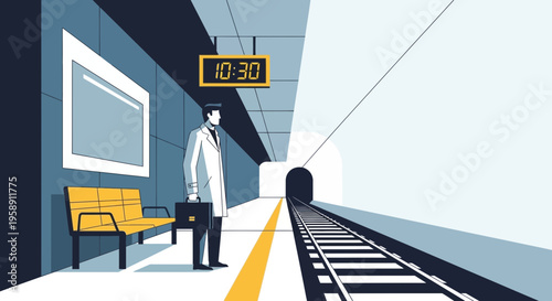 Commuter Waiting Patiently On A Modern Subway Platform For His Train