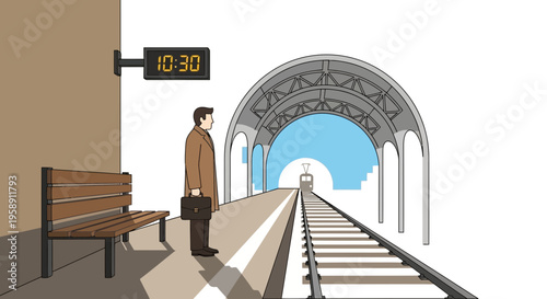 Commuter Waits For Train On Station Platform With Digital Clock