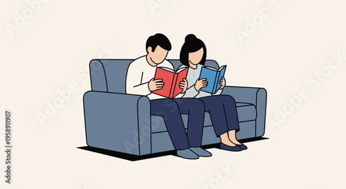 Couple Enjoying Reading Books Together On Cozy Sofa