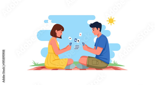Couple Enjoying Picnic Card Game Outdoors On Sunny Day