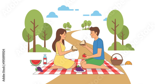 Couple Enjoying Romantic Picnic Outdoors Under Sunny Sky