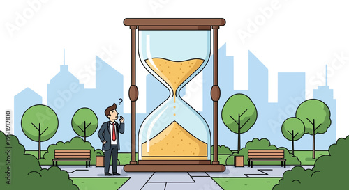 Contemplative Businessman Gazing At Giant Hourglass In Urban Park Setting