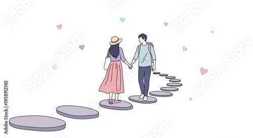 Couple Holding Hands Walking On Stepping Stones With Hearts