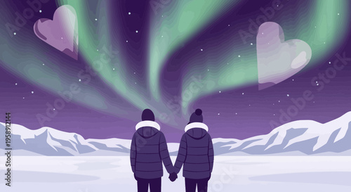 Couple Holding Hands Under Aurora Borealis Sky With Hearts