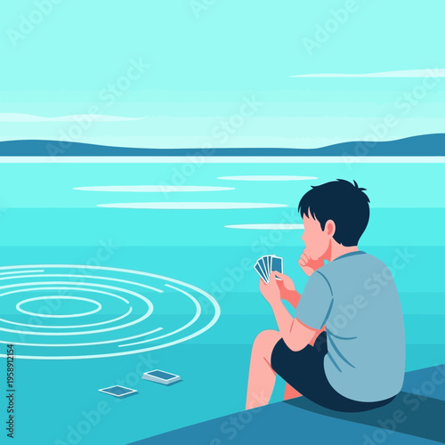 Contemplative Young Person Playing Cards Beside Calm Water Outdoors