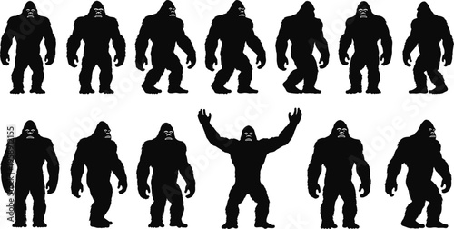 Set of thirteen black gorilla silhouettes in various powerful poses and stances for wildlife, zoo, mascot, and primate animal design.