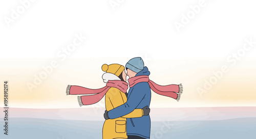 Couple Kissing Warmly In Winter Embrace Amidst Gentle Breeze