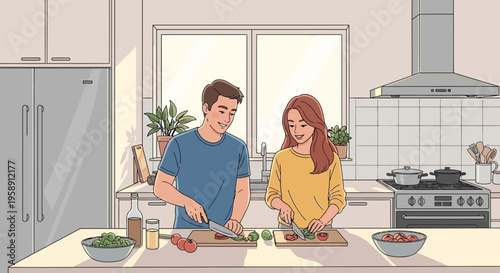 Couple Joyfully Prepares Healthy Meal Together In Modern Kitchen Setting