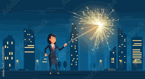 Corporate Sparkler Celebration in the City at Night