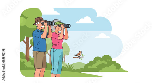 Couple Observing Nature Through Binoculars In A Park