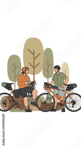 Couple Bikepacking Adventure With Trees And Scenic Background Minimalist Style
