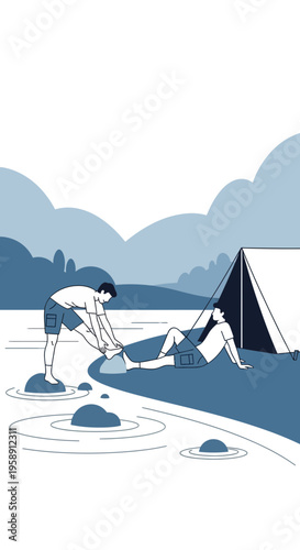 Couple Camping Outdoors By Gentle River With Tent Enjoying Nature Together