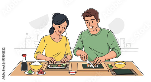 Couple Preparing Sushi Together In A Modern Kitchen Environment