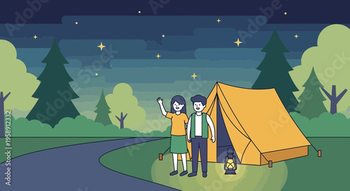 Couple Camping Adventure Under Starry Night Sky