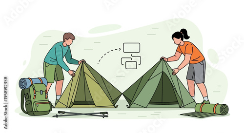 Couple Setting Up Tents For Camping Adventure Together Outdoors