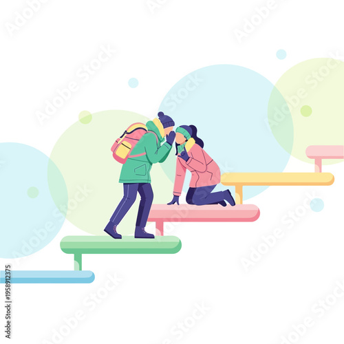 Couple Sharing Affectionate Moment on Abstract Pastel Colored Steps