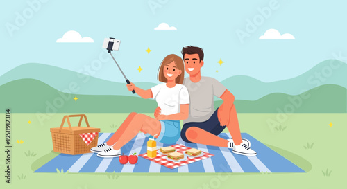 Couple Capturing Picnic Memories With A Selfie Stick In A Scenic Outdoor Setting