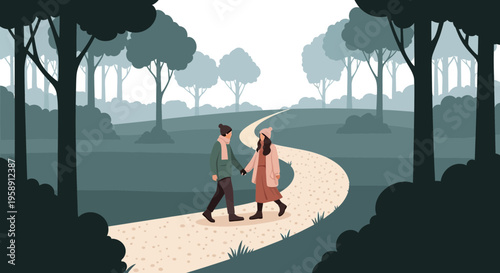 Couple Walking Hand In Hand Down A Winding Path Through A Serene Forest