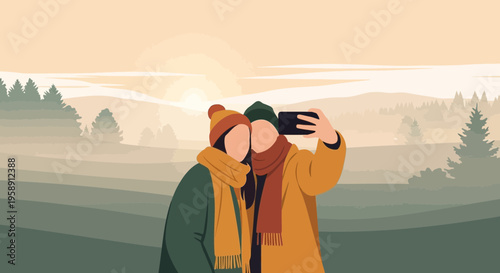 Couple Capturing Autumnal Memories In Misty Mountain Landscape