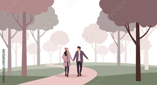 Couple Walking Hand In Hand Through Autumnal Park Landscape